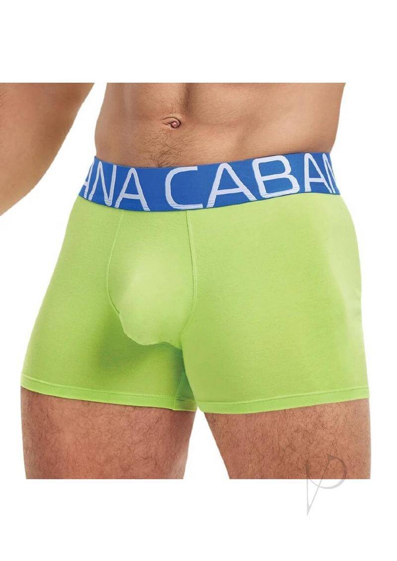 Banana Cabana Neon Performance Trunks M L shown in vivid neon green with blue waistband on a male model.