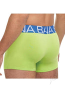 Back view of a man wearing Banana Cabana Neon Performance Trunks M L in bright neon green and blue waistband.