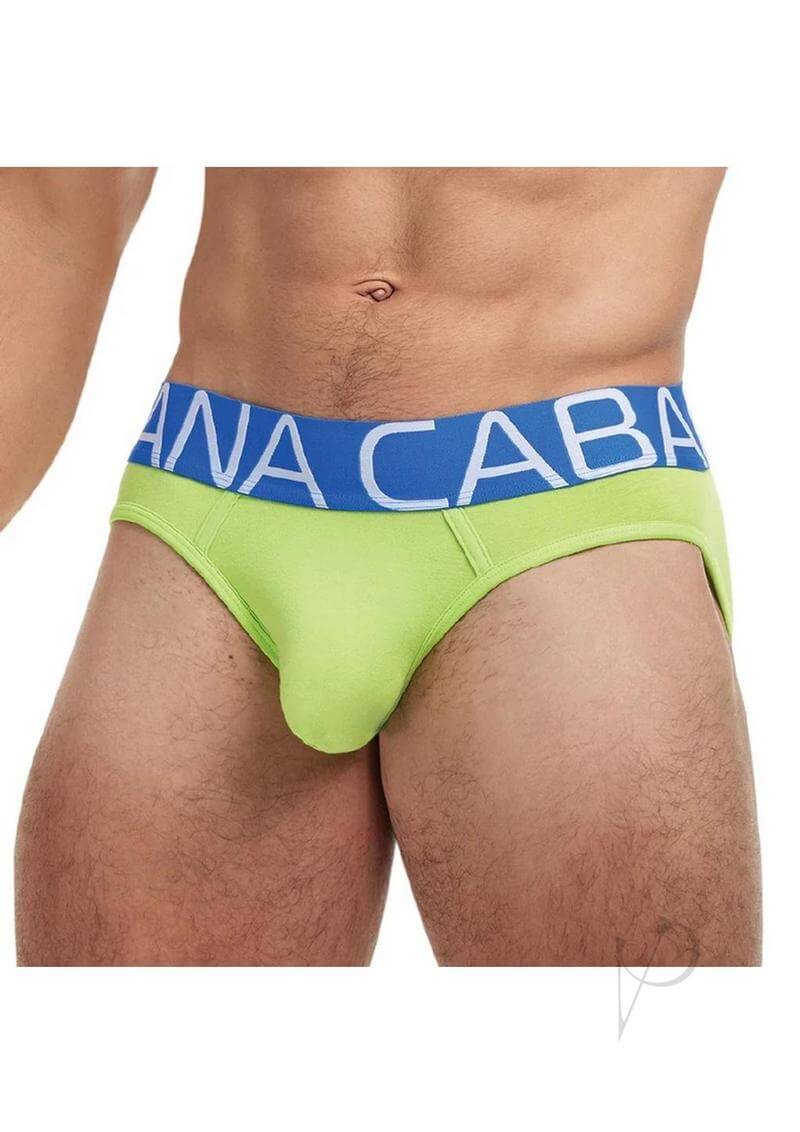 Banana Cabana Bikini L XL Green displayed on a male model showcasing the vibrant color and stylish waistband.