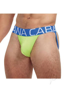 Banana Cabana Jock L XL Neon Green Glow featuring a vibrant design and blue waistband for stylish support.