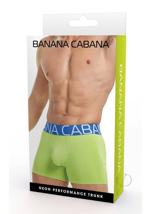 Banana Cabana Neon Performance Trunks L XL packaging featuring vibrant neon green trunks and a bold waistband.