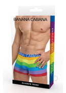 Banana Cabana Rainbow Trunks Small Medium packaging showcasing vibrant rainbow colors and stylish design.