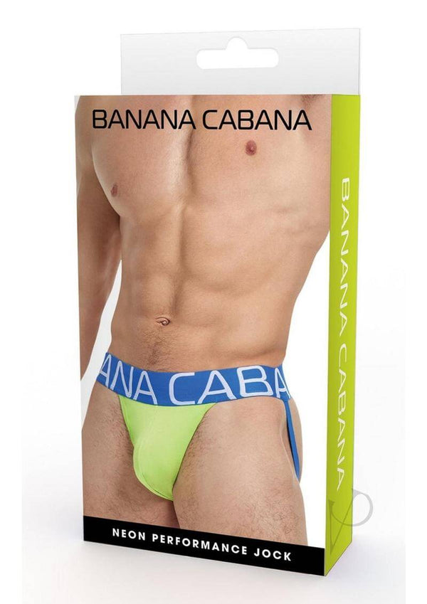Banana Cabana Neon Performance Jock Medium Large packaging display with vibrant colors and design.