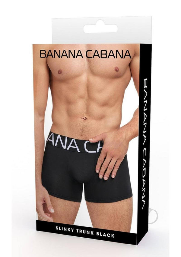 Banana Cabana Slinky Trunks Black Small Medium packaging featuring model wearing black trunks