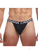Banana Cabana Poly Jock Medium Large Black on a male model showcasing a stylish and bold jockstrap design.