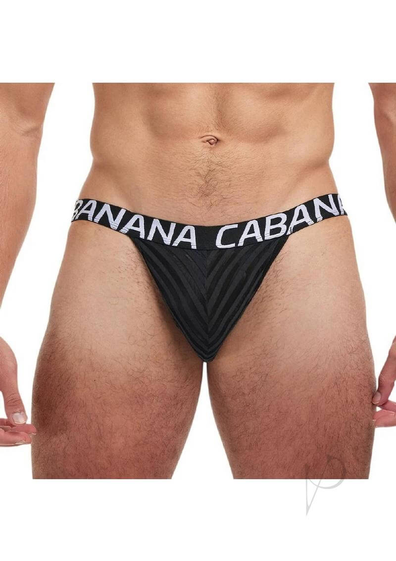 Man wearing Banana Cabana Sheer Euro Jock Black Large XLarge, showcasing sleek semi-sheer design and comfortable fit.