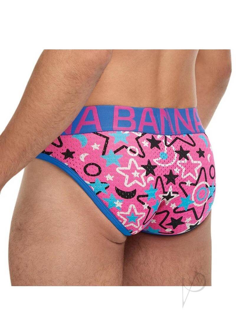 Banana Cabana Sport Brazilian Bikini Mix Small Medium in bold pink and blue design, showcasing comfortable fit.