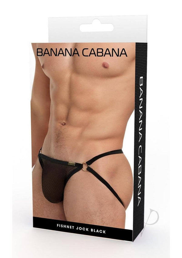 Banana Cabana Fishnet Jock Mesh Black Large XLarge packaging showcasing stylish, comfortable men's underwear design.