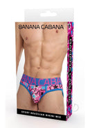 Banana Cabana Sport Brazilian Bikini Mix Large XLarge packaging featuring blue and pink design on male model.