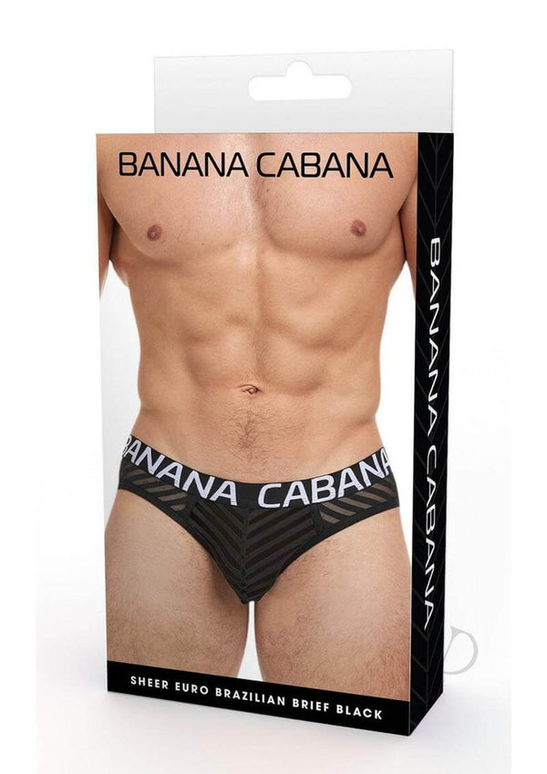 Banana Cabana Sheer Bikini Black Small Medium packaging showcasing stylish sheer black briefs for men.