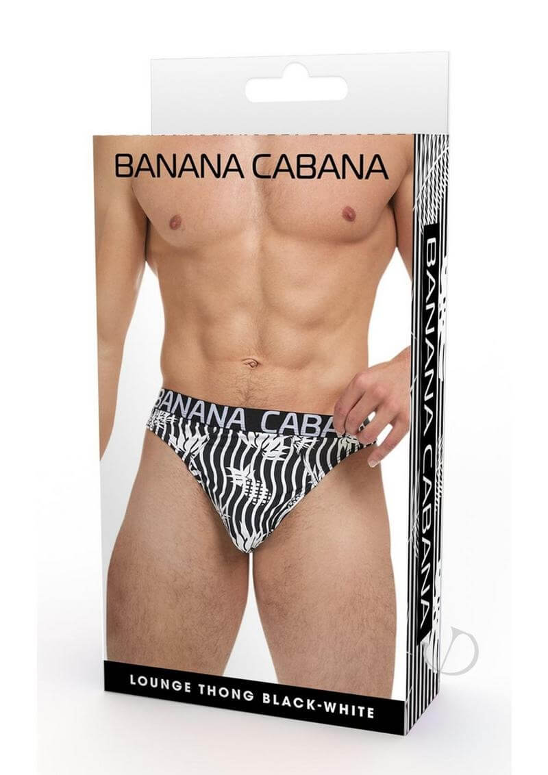 Banana Cabana Thong Black White Large XLarge packaging featuring a model wearing a black-and-white thong.