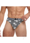 Banana Cabana Thong Black White Large XLarge on model, showcasing stylish black and white design for modern fashion.