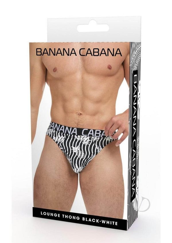 Banana Cabana Thong Black White Medium Large packaging featuring a model wearing the stylish thong.