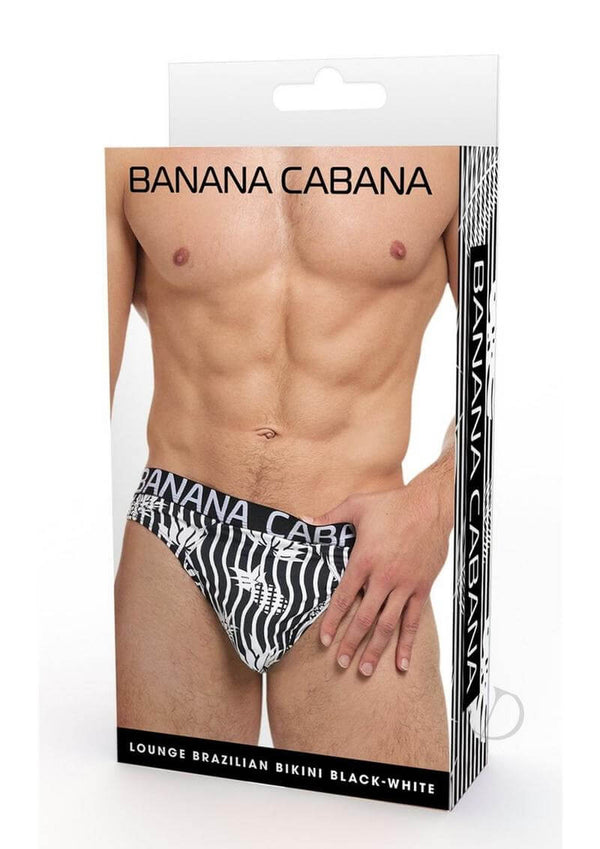Banana Cabana Bikini Black White Small Medium packaging image showcasing lounge Brazilian bikini design.