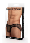 Banana Cabana Fishnet Brazilian Briefs Black Medium Large packaging showcasing a bold and stylish design.