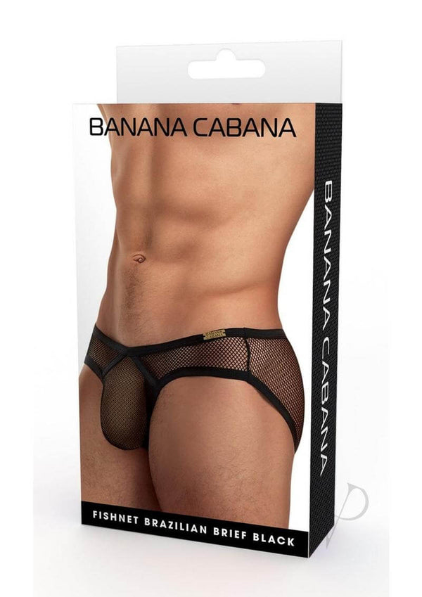 Banana Cabana Fishnet Brazilian Briefs Black Medium Large packaging showcasing a bold and stylish design.