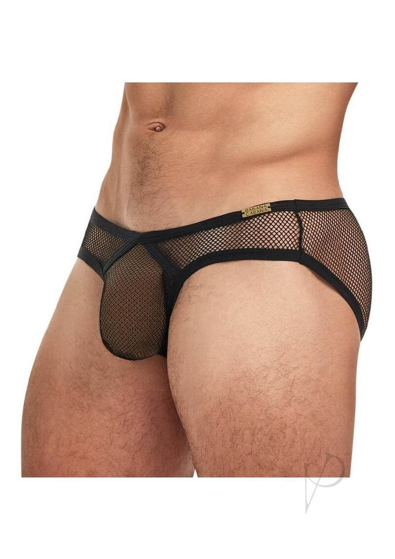 Banana Cabana Fishnet Brazilian Briefs Black Medium Large showcasing a daring fishnet design for confidence and allure.