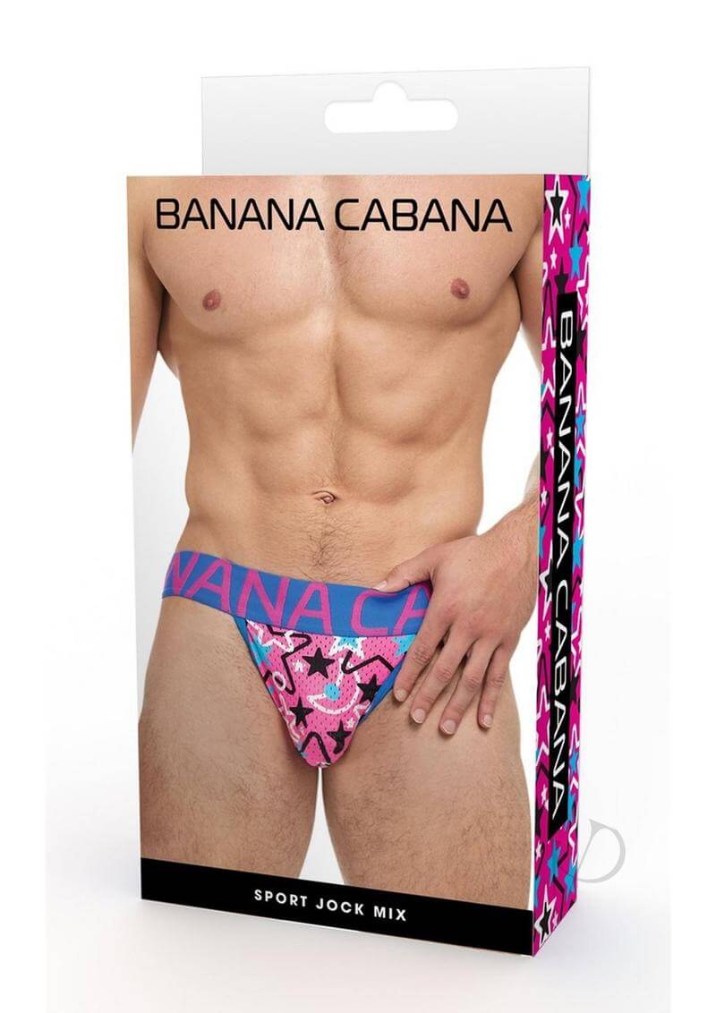 Banana Cabana Sport Jock Mix Small Medium packaging featuring vibrant blue and pink design for stylish underwear.