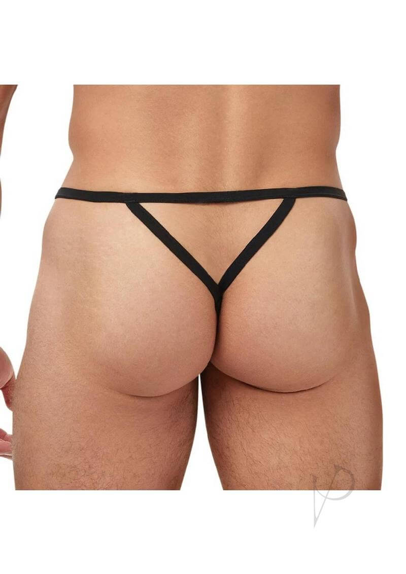 Banana Cabana Fishnet Thong Black Mesh Medium Large on a male figure from behind, showcasing a daring design.