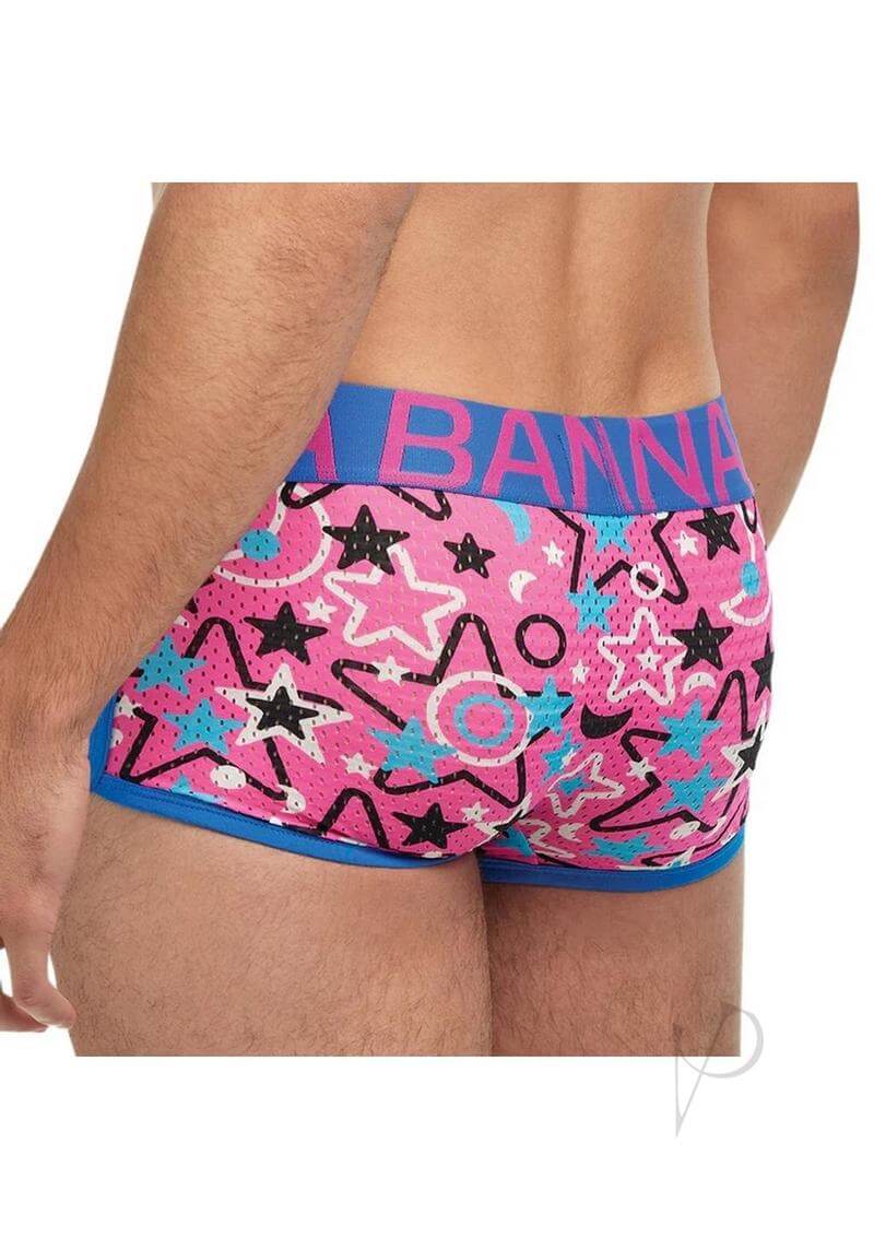 Banana Cabana Sport Trunk Mix Medium Large featuring vibrant pink and blue star pattern on men's underwear.