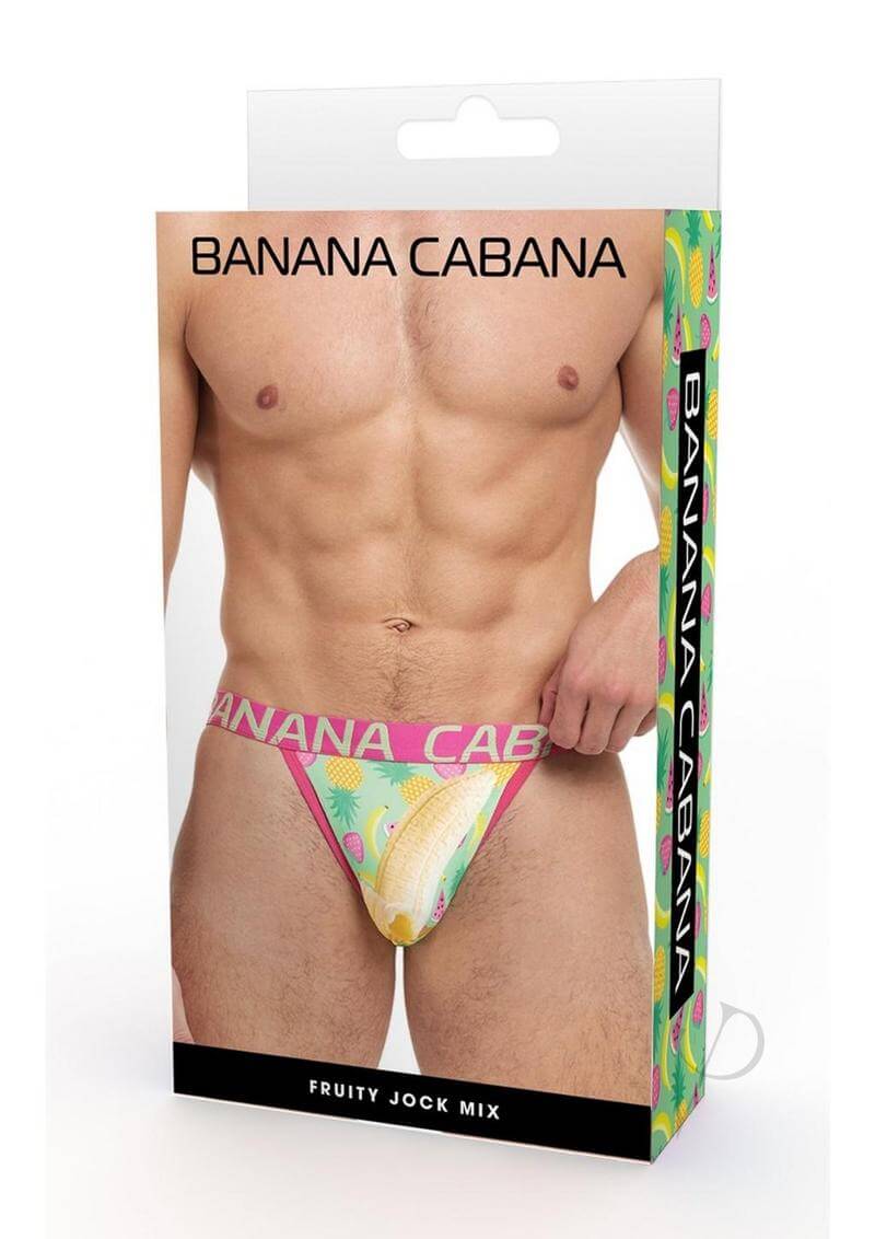 Banana Cabana Fruity Jock Mix Large XLarge packaging showcasing a vibrant fruit-inspired jockstrap design.