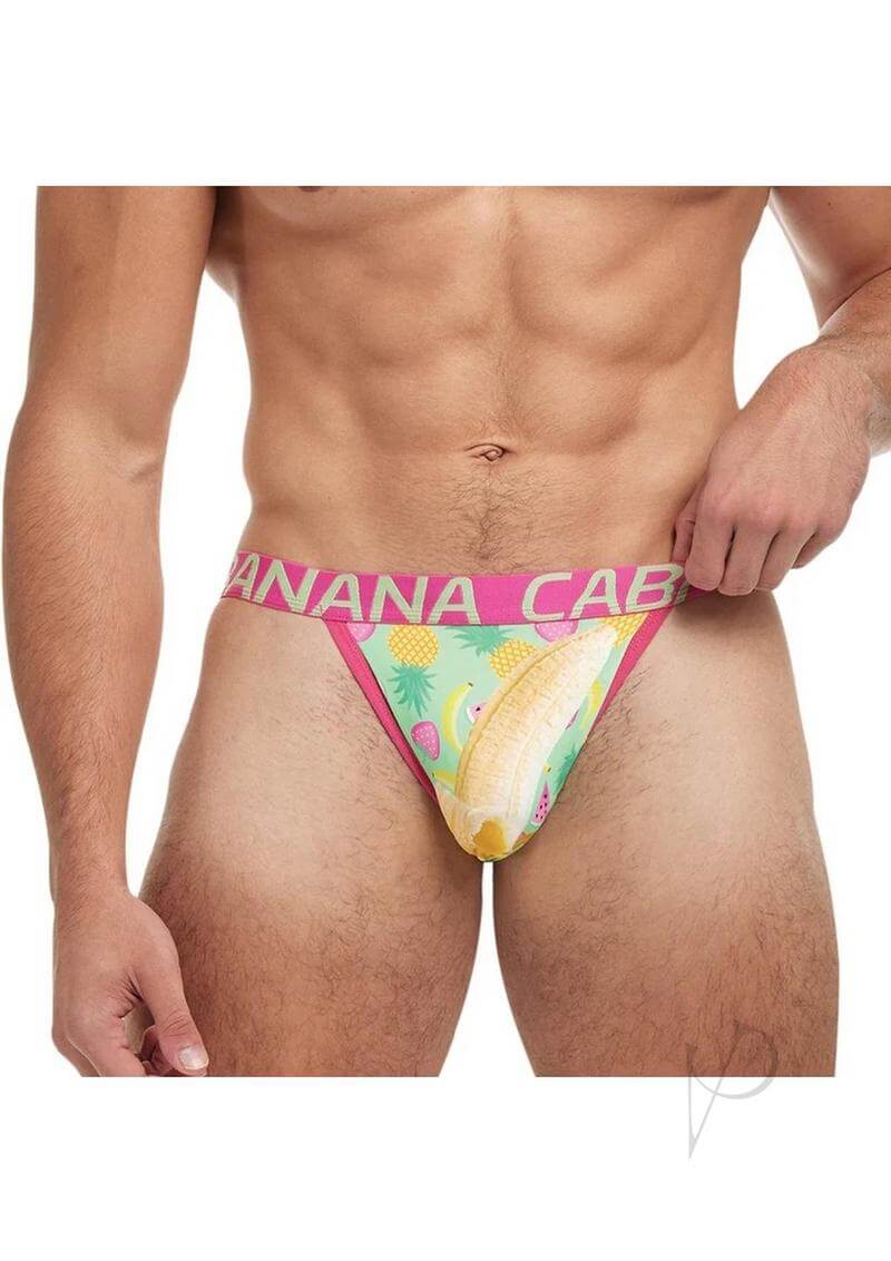 Man wearing Banana Cabana Fruity Jock Mix Large XLarge with vibrant fruit design.