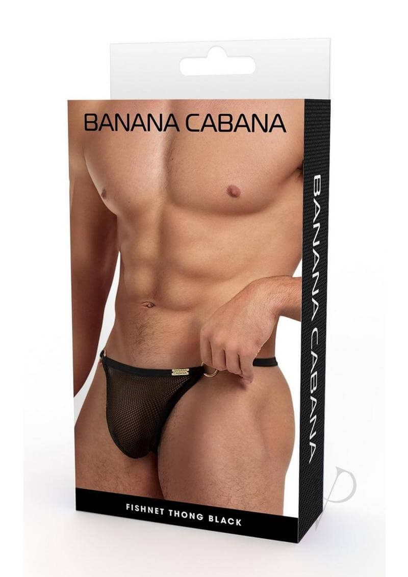 Banana Cabana Mesh G String Large XLarge Black packaging showcasing a stylish fishnet thong for men's underwear.