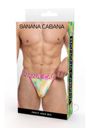 Banana Cabana Jock Fruit Medium Large Multicolor packaging featuring a man wearing a colorful fruity jockstrap.