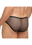 Man wearing Banana Cabana Bikini Fishnet Brazilian Brief Mesh Black L XL from the back, showcasing fishnet design.