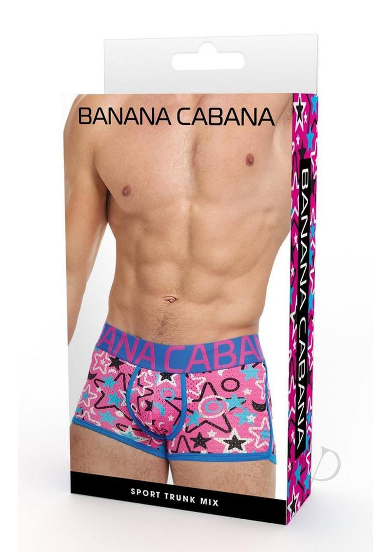 Banana Cabana Sport Trunks Mix Small Medium packaging featuring vibrant blue and pink design for men.