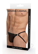 Banana Cabana Jock Mesh Small/Medium Black fishnet jock packaging showcasing a model wearing it.