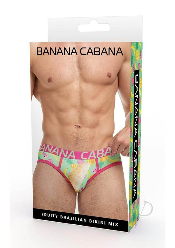 Banana Cabana Bikini Fruit Medium Large Multicolor packaging featuring a fruity Brazilian-inspired design.
