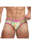 Model wearing Banana Cabana Bikini Fruit Small Medium with playful fruit print design and colorful waistband.