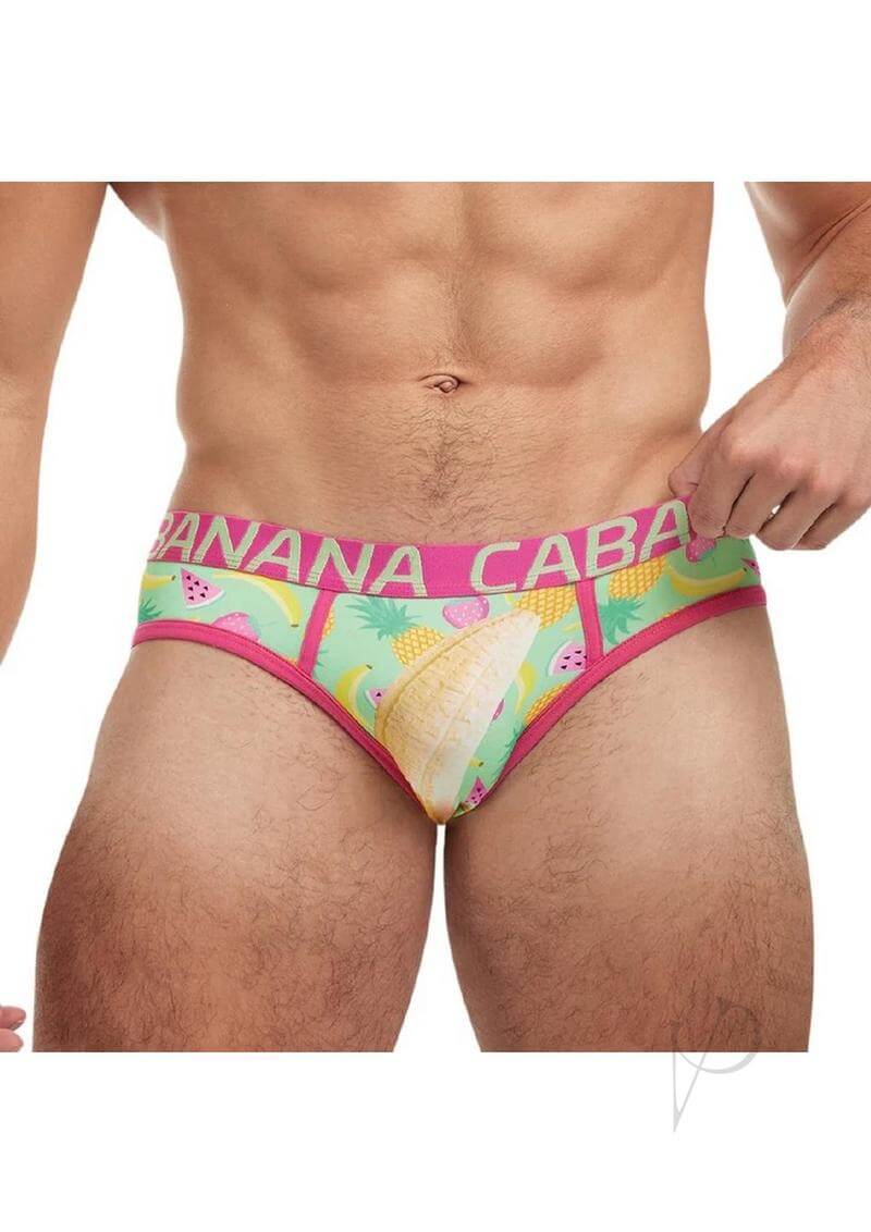 Model wearing Banana Cabana Bikini Fruit Small Medium with playful fruit print design and colorful waistband.