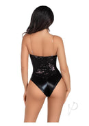 Back view of Leg Avenue Sequin Boned Snap Crotch Bodysuit Medium Black with clear straps showing shiny sequins.