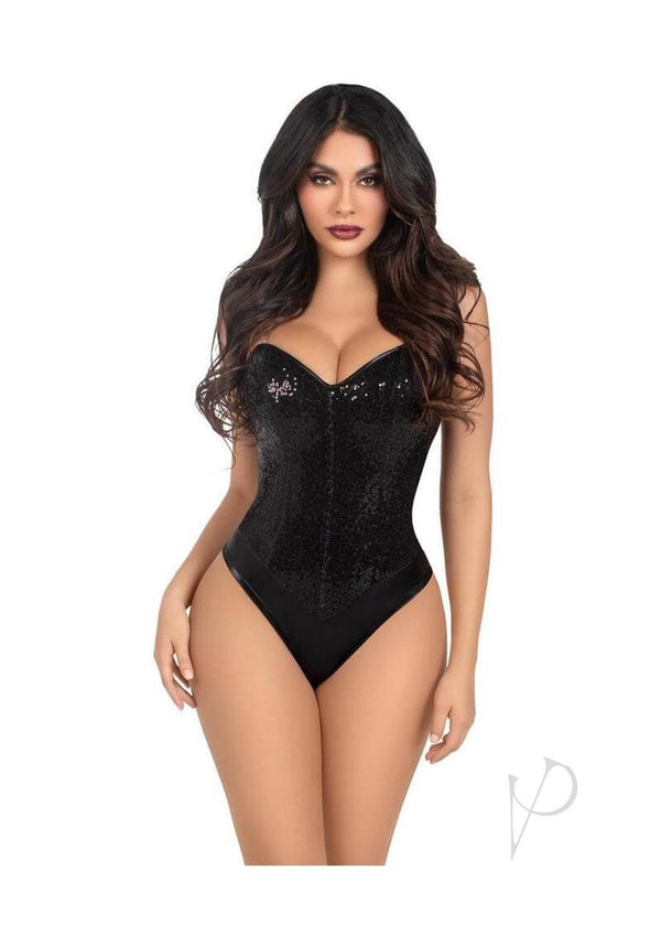 Sequin Bone Snap Bodysuit Strap Lg Blk-0