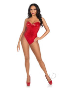Leg Avenue Sequin Boned Snap Crotch Bodysuit Medium Red worn by a model, featuring shimmering sequins and a stylish design.