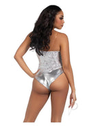 Back view of Leg Avenue Sequin Boned Snap Crotch Bodysuit Small Silver showcasing shimmering sequins.
