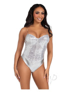 Leg Avenue Sequin Boned Snap Crotch Bodysuit Large Silver, showcasing a model wearing a shimmering silver sequin bodysuit.