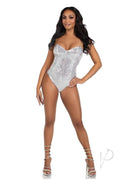 Leg Avenue Sequin Boned Snap Crotch Bodysuit Large Silver displayed by a model, showcasing its shimmering silver sequins.