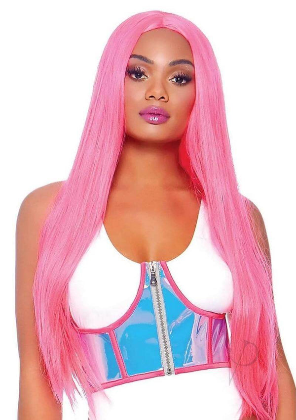 Model in Let's Shine holographic vinyl underbust corset by Leg Avenue, paired with a white top and long pink hair.