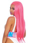 Woman with long pink hair wearing a holographic vinyl underbust corset from Leg Avenue.