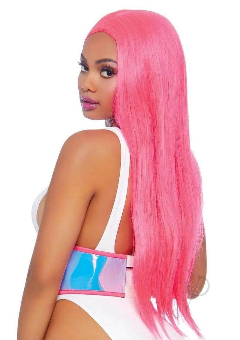 Woman with long pink hair wearing a holographic vinyl underbust corset from Leg Avenue.