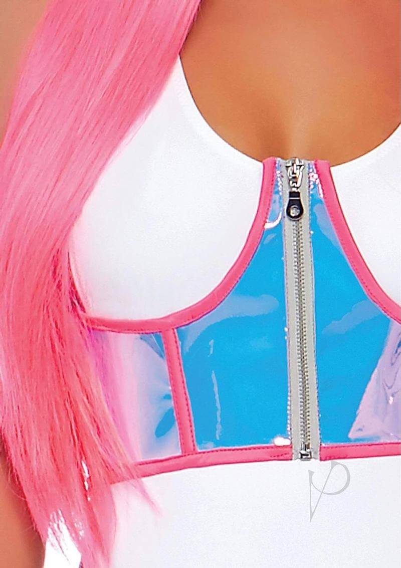 Close-up of Let's Shine Holographic Vinyl Underbust Corset by Leg Avenue with pink and blue panels, zipper closure, and pink hair.