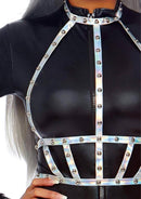 Leg Avenue Iridescent Studded Vinyl Body Harness OS Silver featuring holographic straps and studded details.