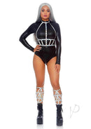 Model wearing the Leg Avenue Iridescent Studded Vinyl Body Harness OS Silver with black outfit and stylish boots.