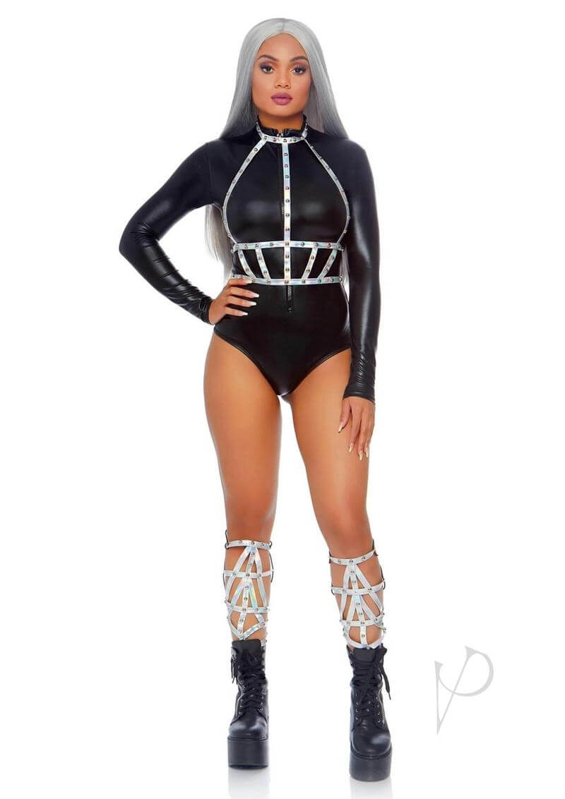 Model wearing the Leg Avenue Iridescent Studded Vinyl Body Harness OS Silver with black outfit and stylish boots.