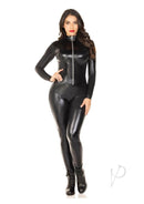 Leg Avenue Wet Look Zipper Front Cat Suit XLarge Black model wearing a sleek faux leather catsuit with zipper.
