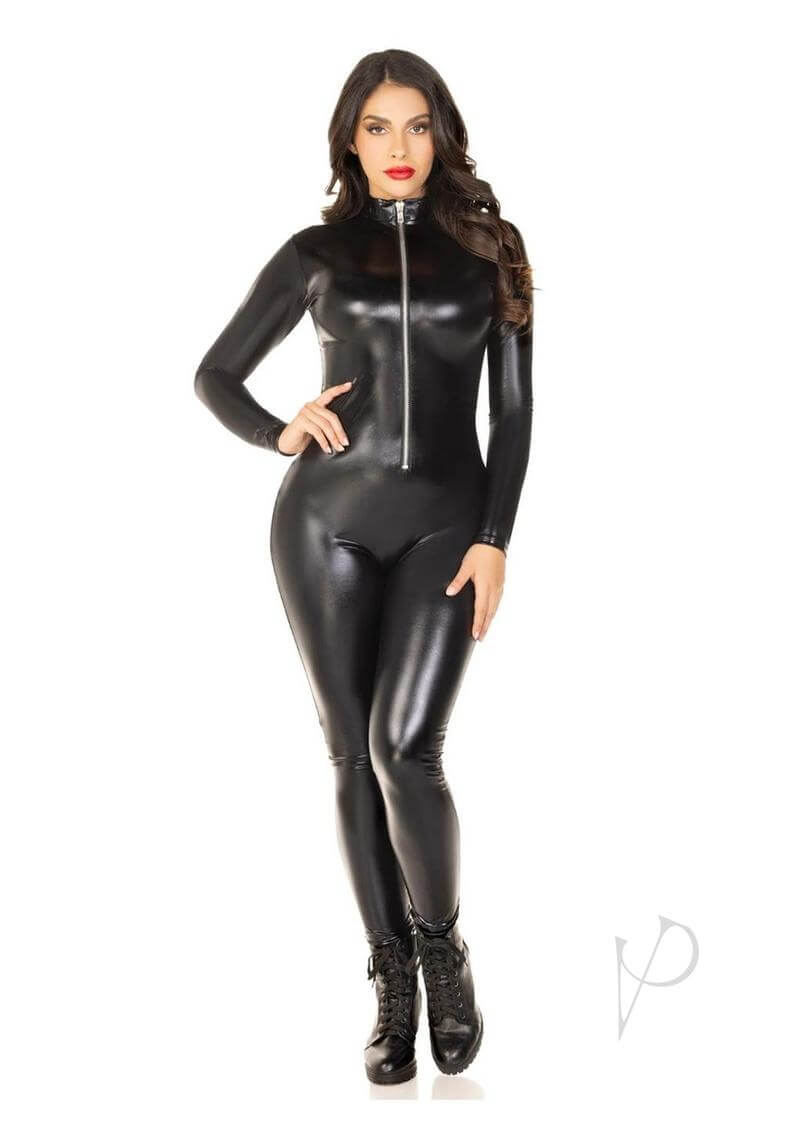 Leg Avenue Wet Look Zipper Front Cat Suit XLarge Black model wearing a sleek faux leather catsuit with zipper.