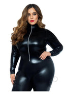 Leg Avenue Lame Zipper Front Cat Suit 1X/2X Black displayed on model with glossy finish.